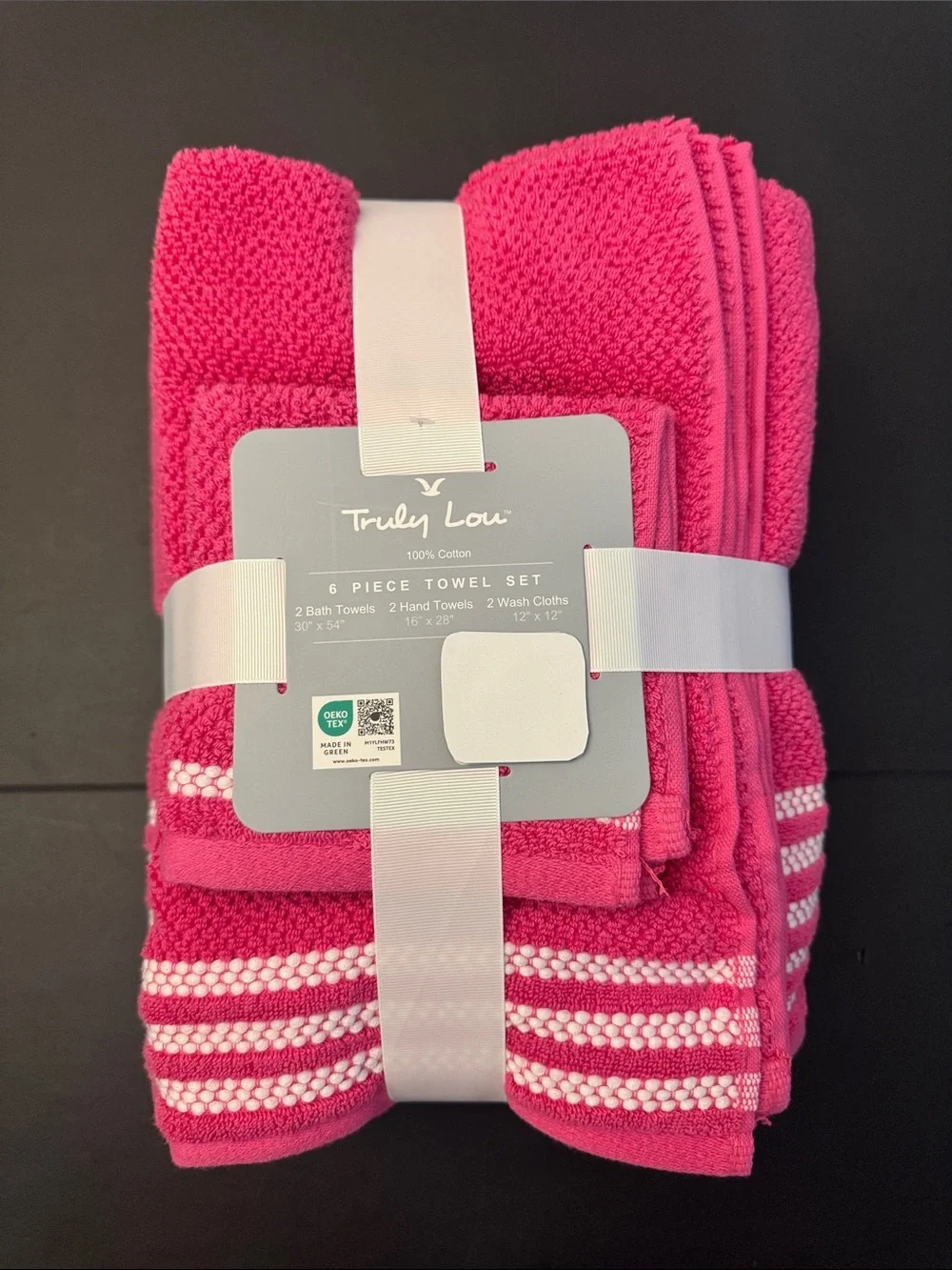 6pc TRULY LOU 100% Cotton Bath Towel Set - SnapDragon - Pink/White - Bundle